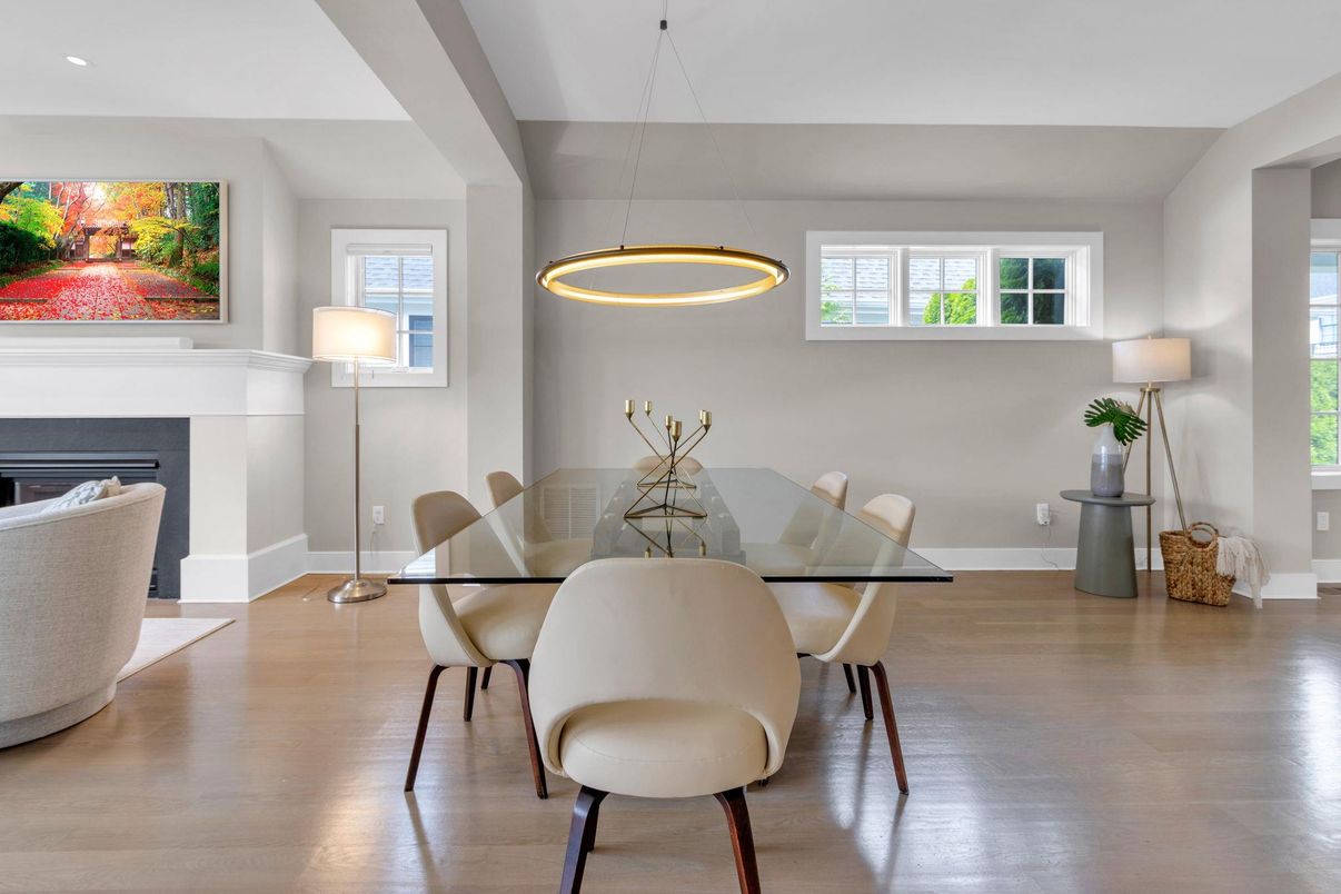 Dining room, Interior, Pendant Lights, Recessed Lighting, Wood Texture Flooring