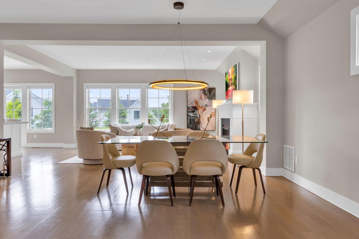 Dining room, Interior, Pendant Lights, Recessed Lighting, Wood Texture Flooring