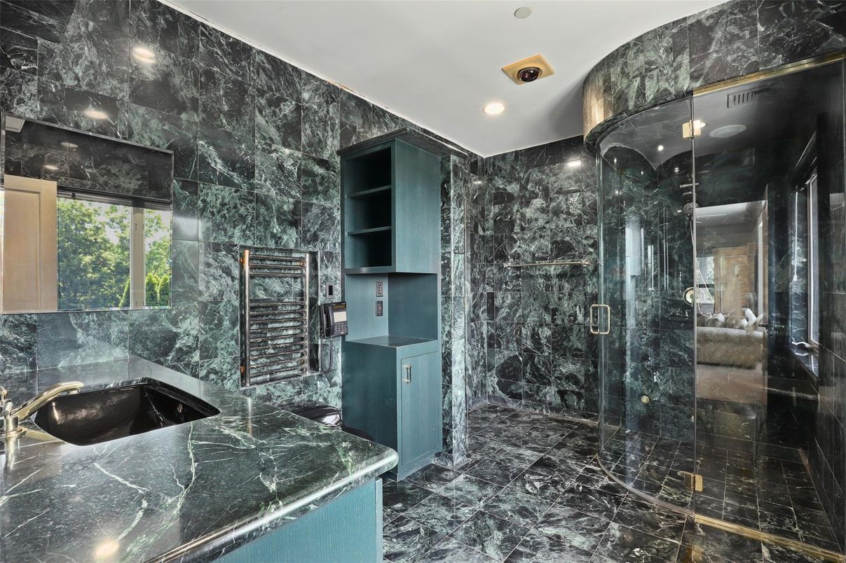 Bathroom, Glass Shower, Interior, Marble, Marble Walls, Recessed Lighting