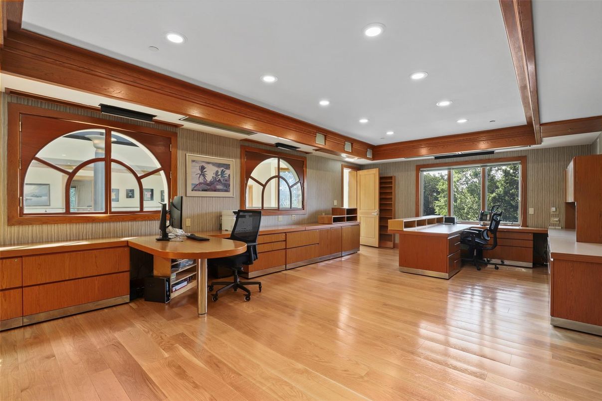 Home Office, Interior, Recessed Lighting, Wood Texture Flooring, Wooden Walls