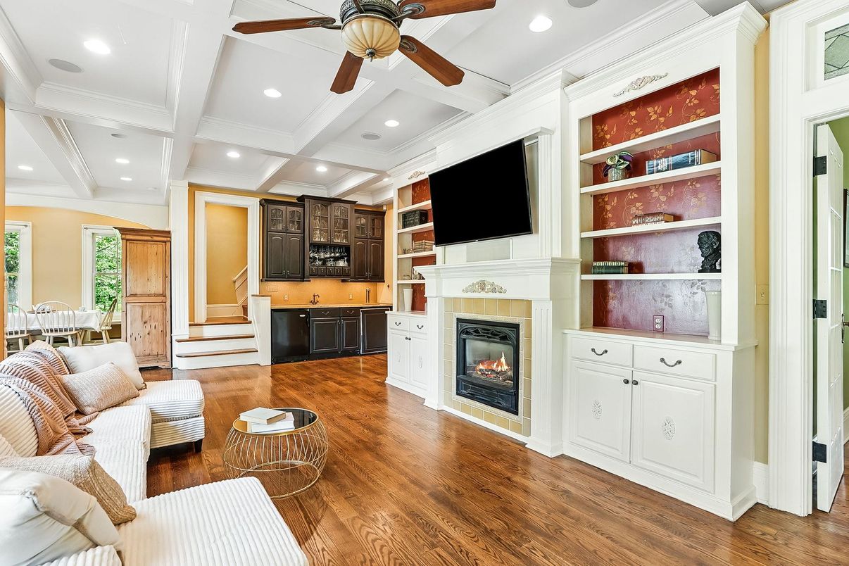 Fireplace, Interior, Living room, Recessed Lighting, Wood Texture Flooring