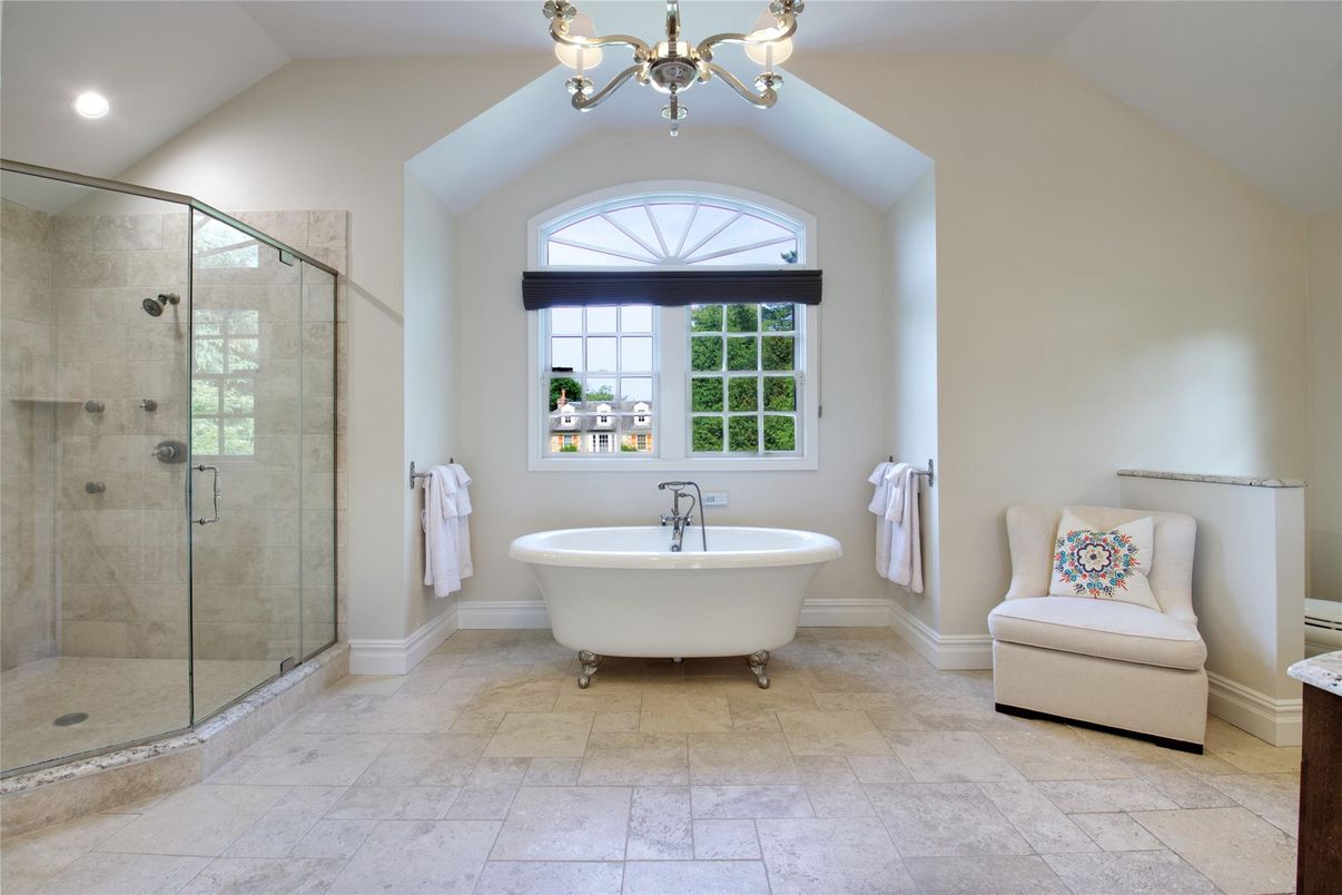 Bathroom, Chandelier, Free Standing Baths, Glass Shower, Interior, Recessed Lighting