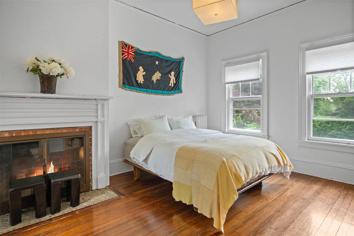 Bedroom, Fireplace, Interior, Wood Texture Flooring