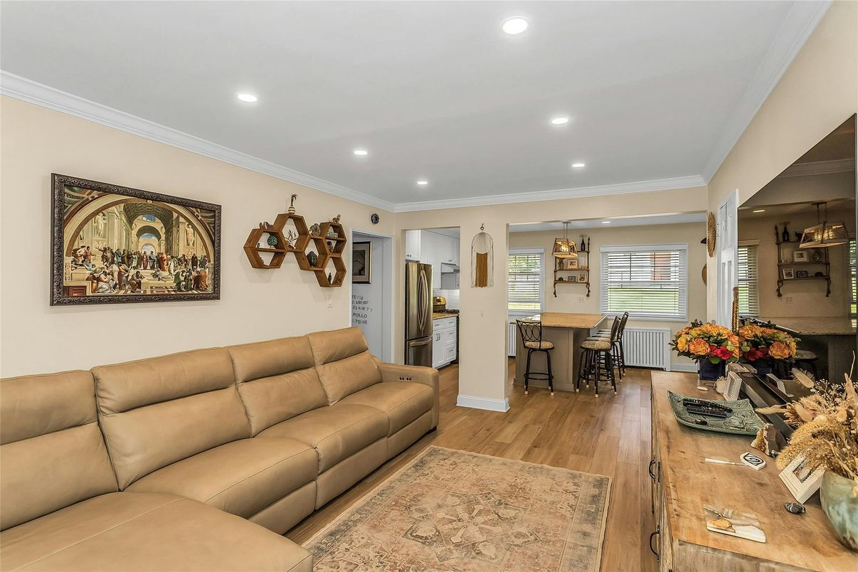 Dining room, Interior, Living room, Recessed Lighting, Wood Texture Flooring