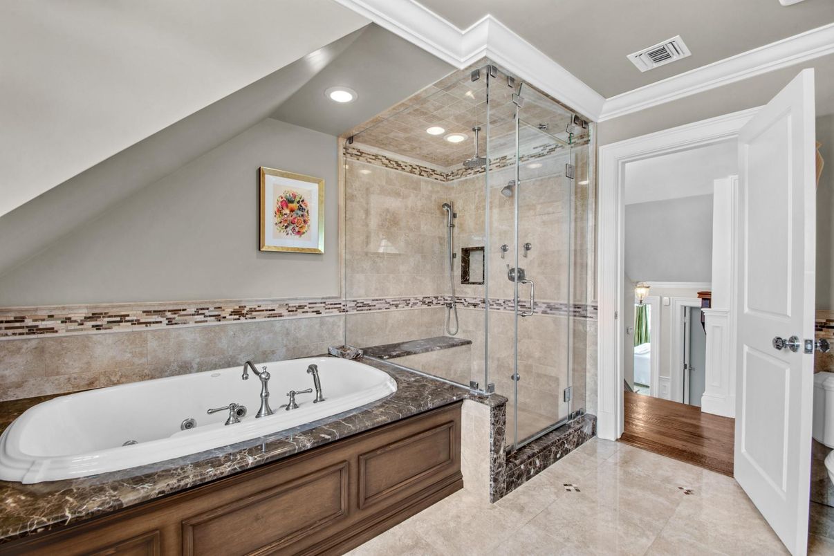 Bathroom, Dual Sink Vanities, Glass Shower, Interior, Recessed Lighting, Wood Texture Flooring