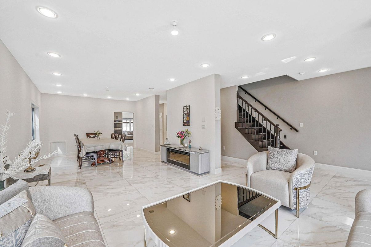 Dining room, Fireplace, Interior, Living room, Marble, Recessed Lighting