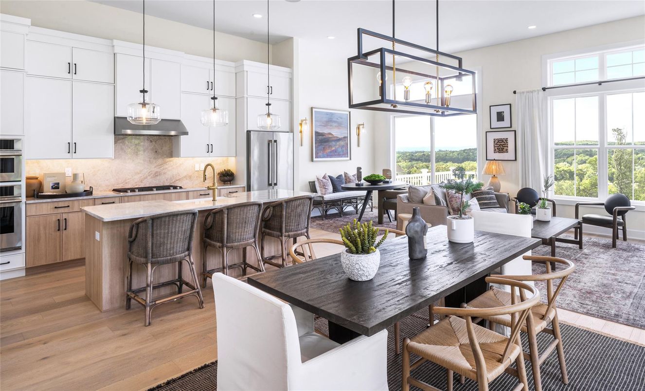 Dining room, Interior, Kitchen, Living room, Pendant Lights, Recessed Lighting, Stainless Steel Appliances, Wood Texture Flooring