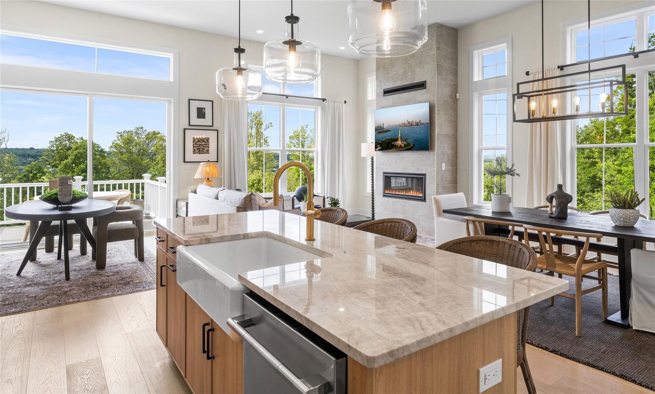 Dining room, Fireplace, Interior, Kitchen, Pendant Lights, Recessed Lighting, Wood Texture Flooring