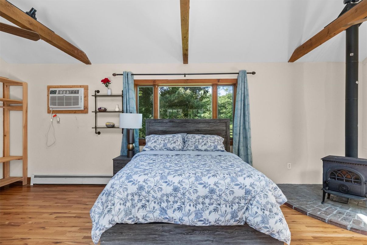 Bedroom, Fireplace, Interior, Wooden Beams, Wood Texture Flooring