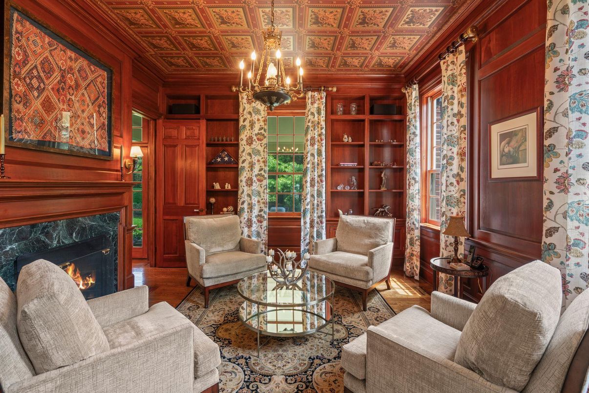 Chandelier, Fireplace, Interior, Living room, Wood Texture Flooring, Wooden Walls