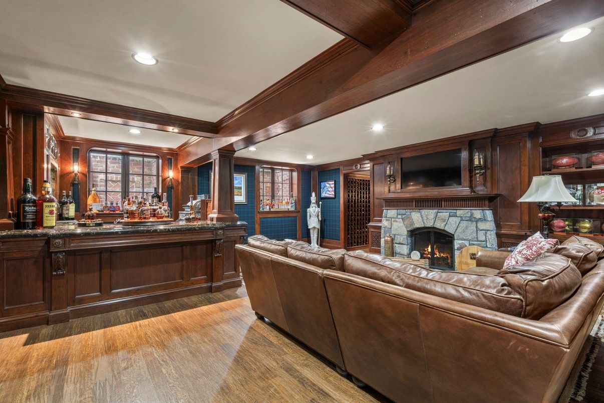 Fireplace, Interior, Living room, Recessed Lighting, Wooden Beams, Wood Texture Flooring, Wooden Walls