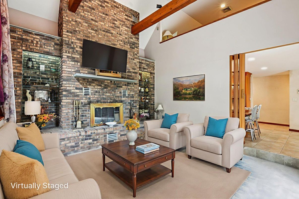 Fireplace, Interior, Living room, Recessed Lighting, Stone Walls, Wooden Beams