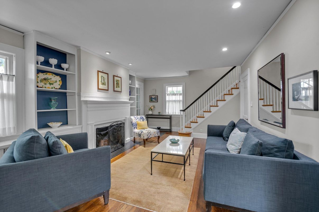 Fireplace, Interior, Living room, Recessed Lighting, Wood Texture Flooring