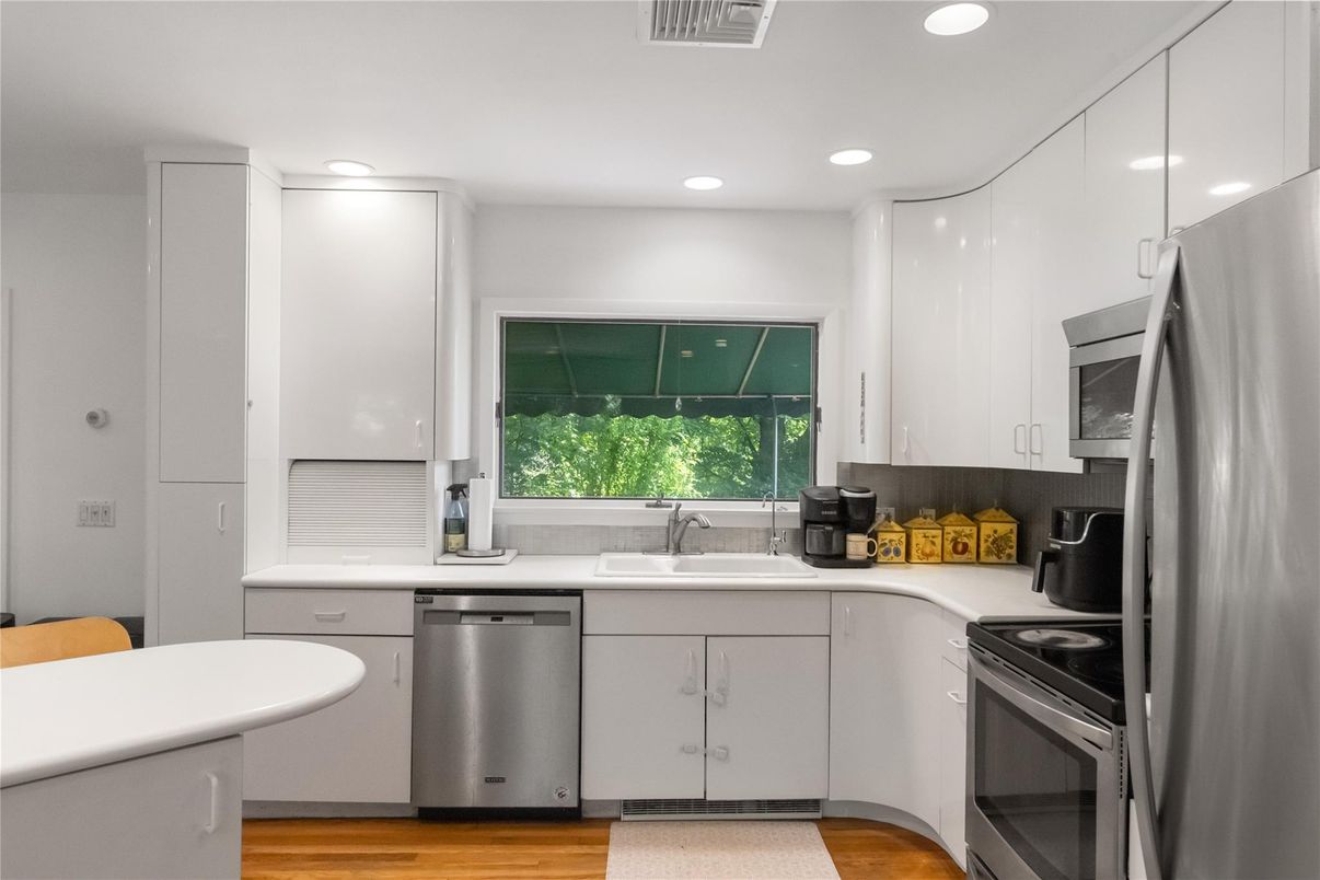 Interior, Kitchen, Recessed Lighting, Stainless Steel Appliances, Wood Texture Flooring