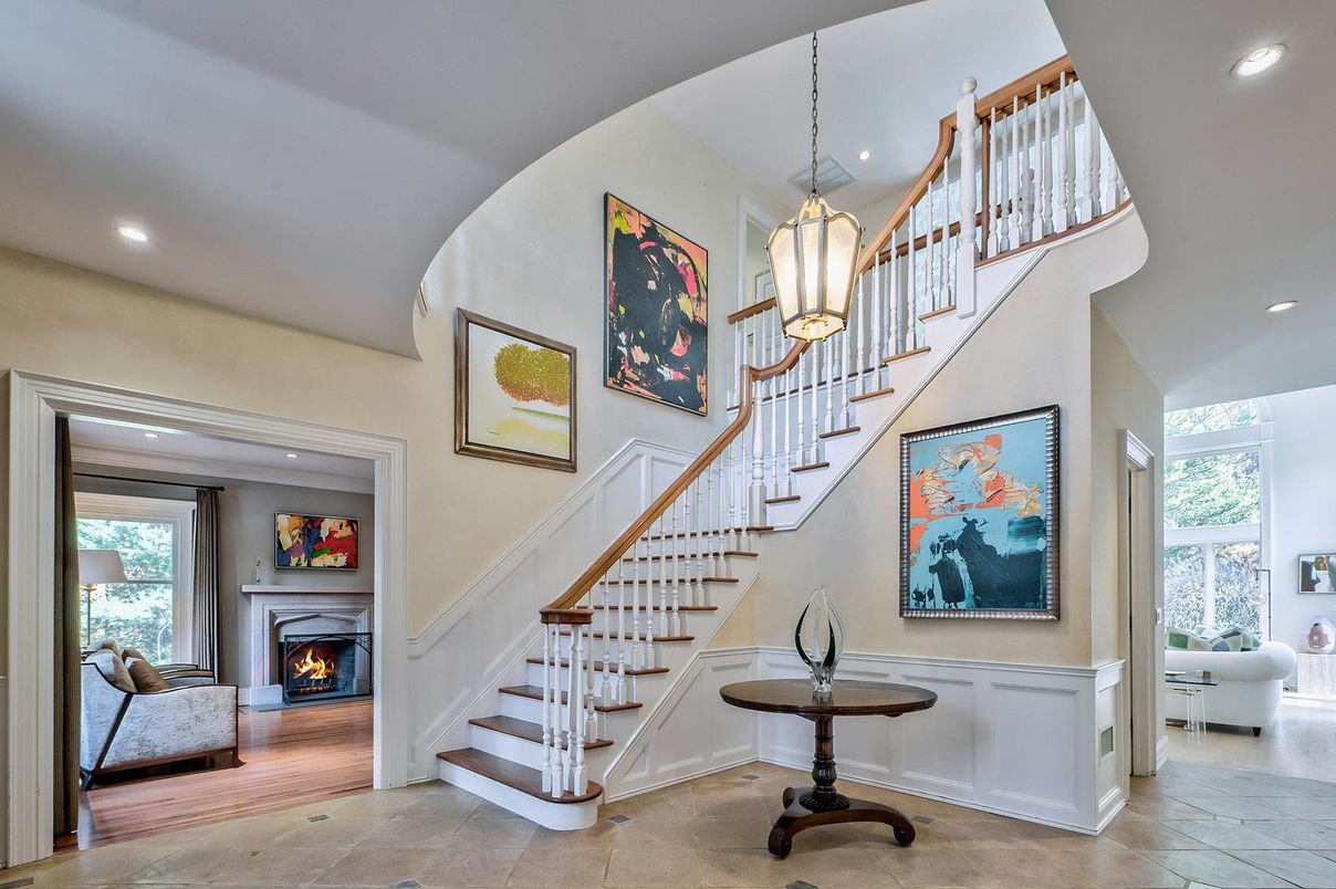 Fireplace, Interior, Pendant Lights, Recessed Lighting, Wood Texture Flooring