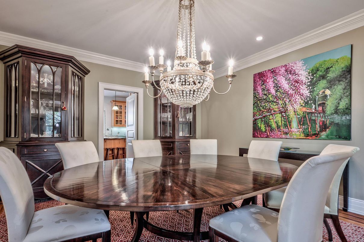 Chandelier, Dining room, Interior, Recessed Lighting, Wood Texture Flooring