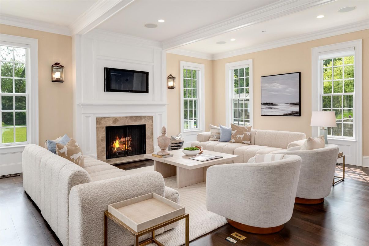 Fireplace, Interior, Living room, Recessed Lighting, Wood Texture Flooring