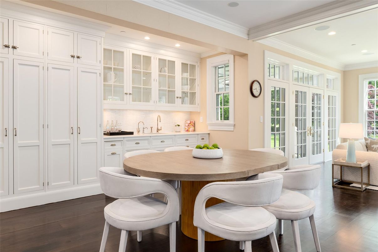 Dining room, Interior, Recessed Lighting, Wood Texture Flooring