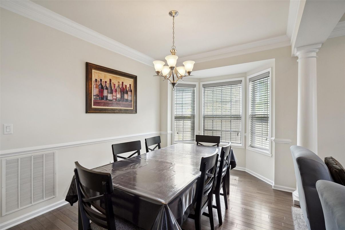 Chandelier, Dining room, Interior, Wood Texture Flooring