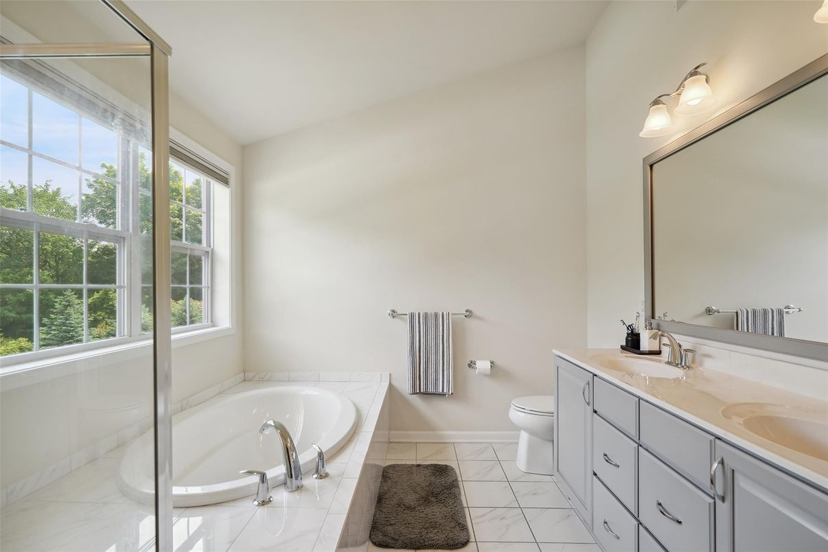 Bathroom, Dual Sink Vanities, Glass Shower, Interior, Marble