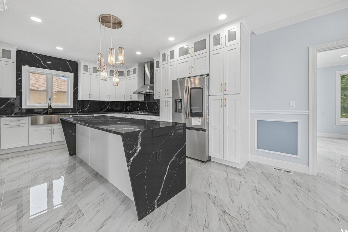 Interior, Kitchen, Marble, Pendant Lights, Recessed Lighting, Stainless Steel Appliances