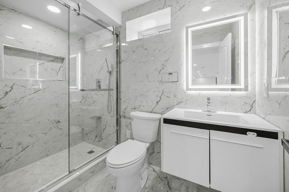 Bathroom, Glass Shower, Interior, Marble, Marble Walls, Recessed Lighting