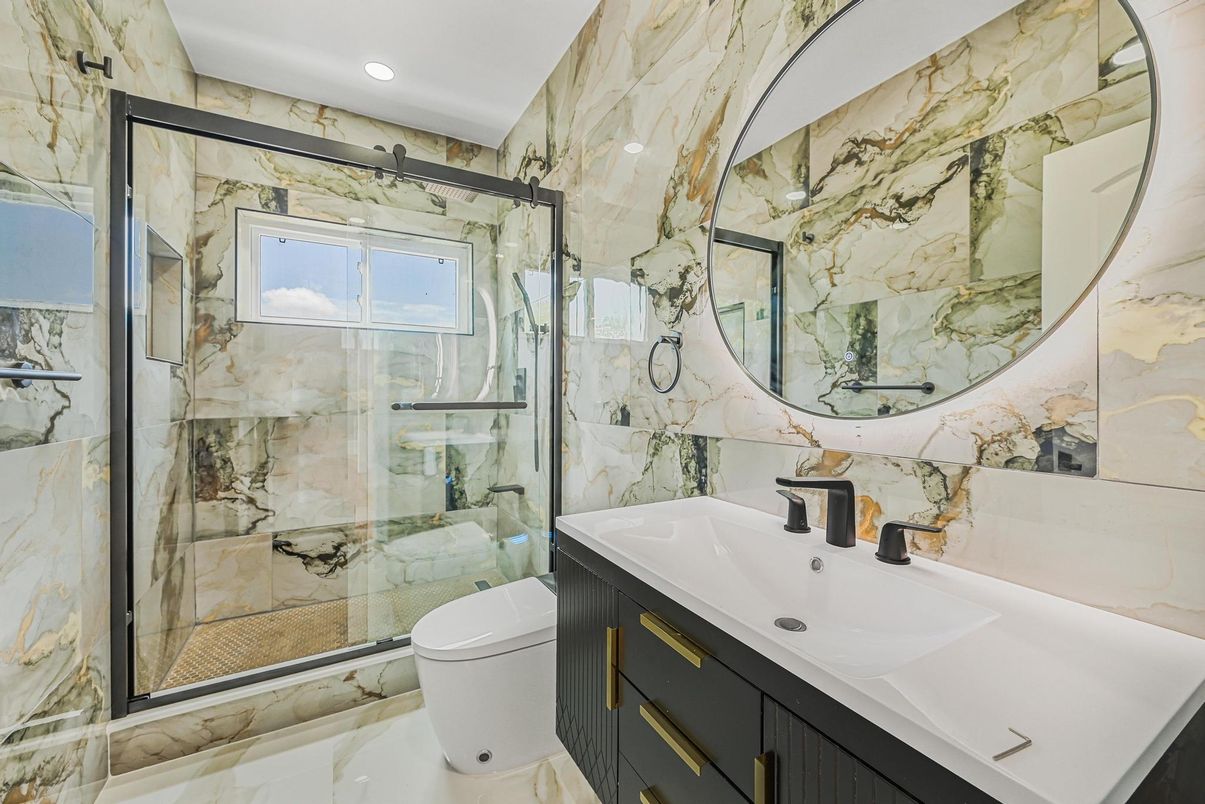Bathroom, Glass Shower, Interior, Marble Walls, Recessed Lighting
