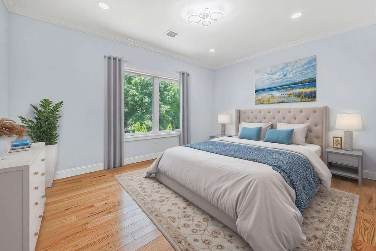 Bedroom, Interior, Recessed Lighting, Wood Texture Flooring