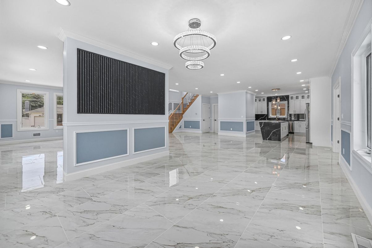 Empty room, Interior, Kitchen, Marble, Pendant Lights, Recessed Lighting