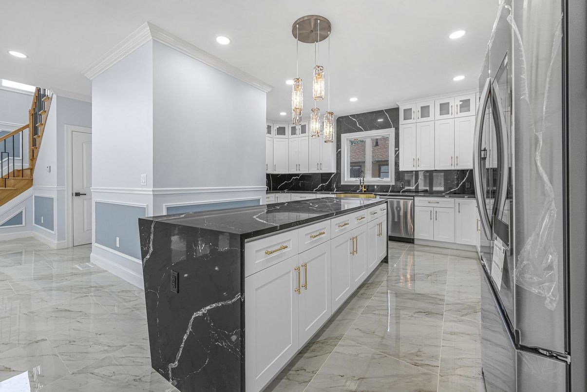 Interior, Kitchen, Marble, Pendant Lights, Recessed Lighting, Stainless Steel Appliances