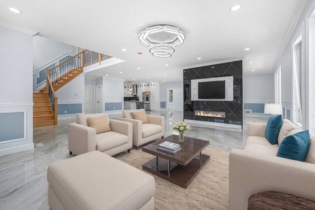 Fireplace, Interior, Living room, Marble, Marble Walls, Pendant Lights, Recessed Lighting