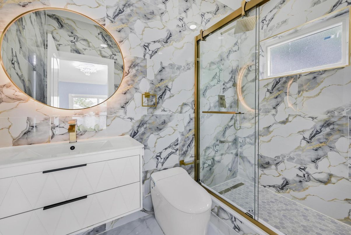 Bathroom, Glass Shower, Interior, Marble Walls
