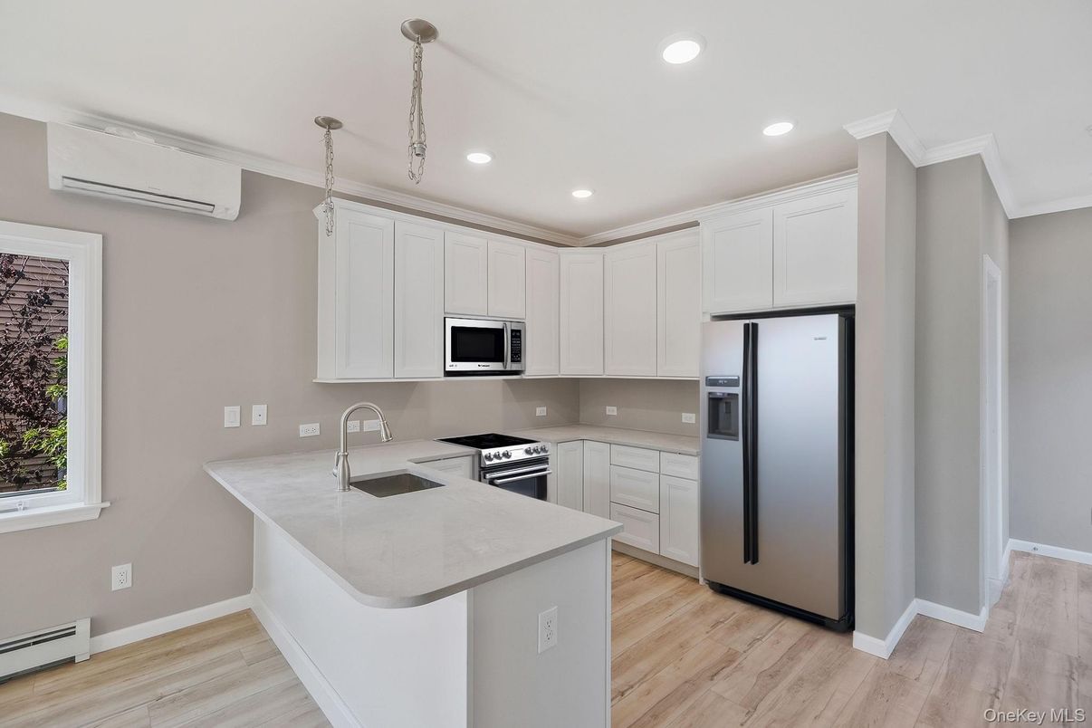 Interior, Kitchen, Recessed Lighting, Stainless Steel Appliances, Wood Texture Flooring