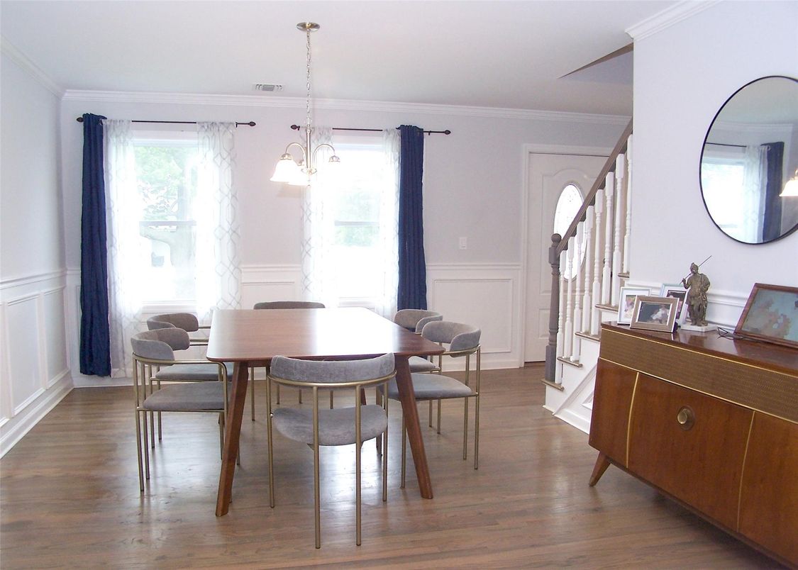 Dining room, Interior, Pendant Lights, Wood Texture Flooring