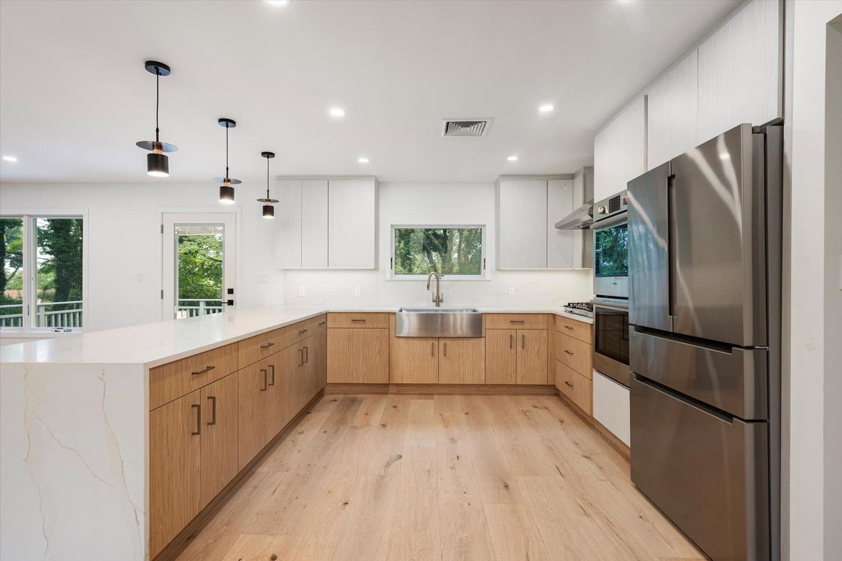 Interior, Kitchen, Pendant Lights, Recessed Lighting, Stainless Steel Appliances, Wood Texture Flooring