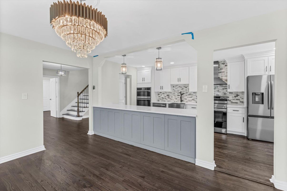 Chandelier, Interior, Kitchen, Pendant Lights, Stainless Steel Appliances, Wood Texture Flooring
