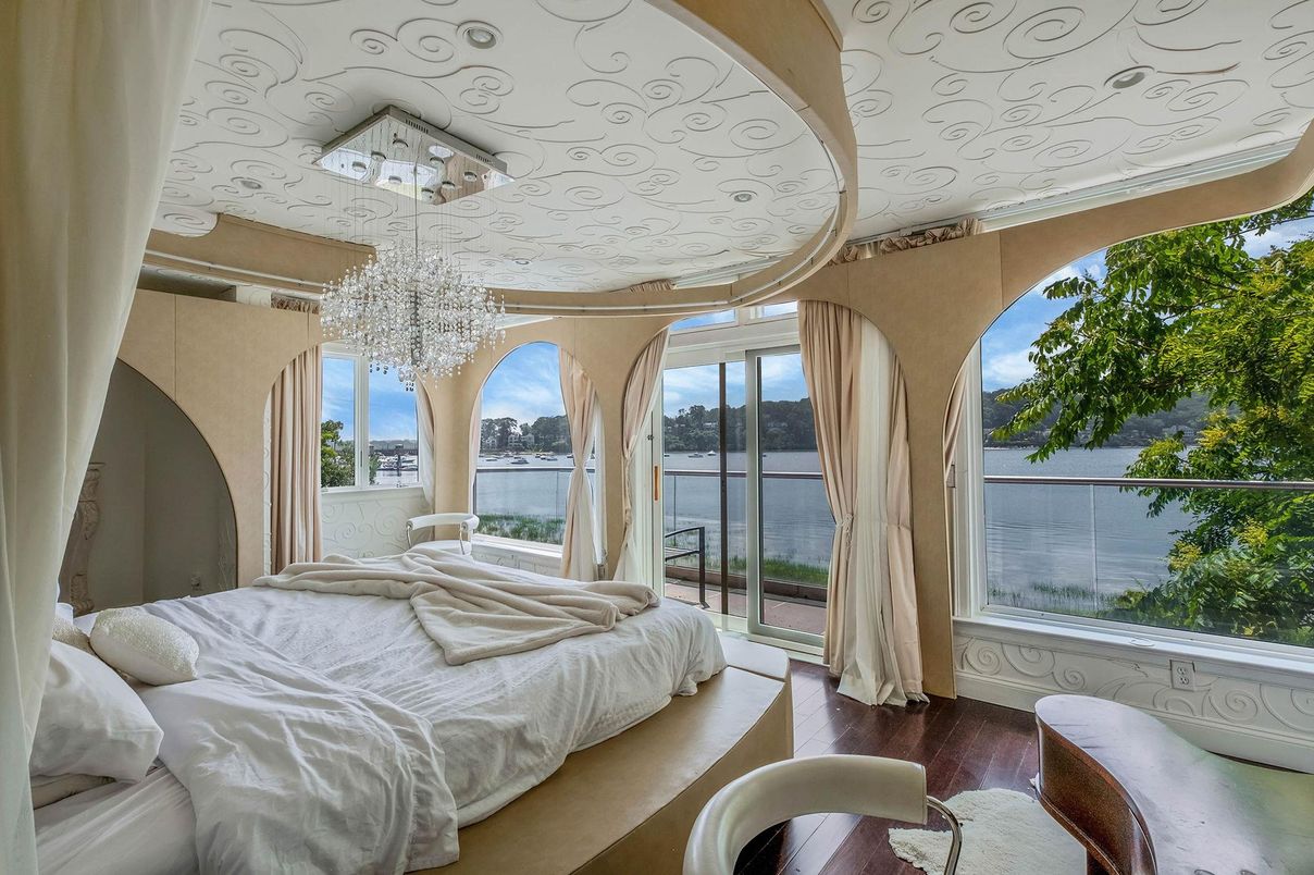 Bedroom, Chandelier, Interior, Water, Wood Texture Flooring