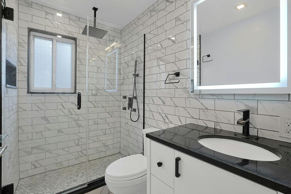 Bathroom, Glass Shower, Interior, Marble Walls, Recessed Lighting