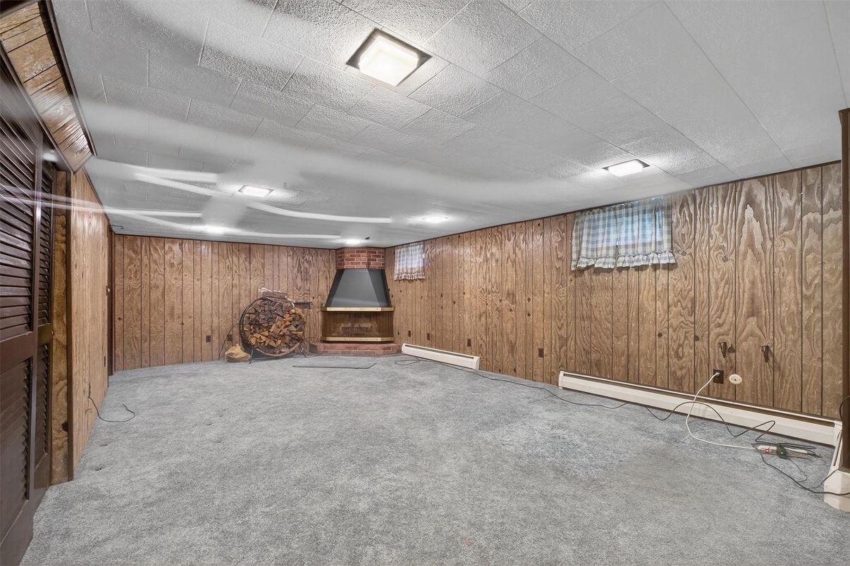 Empty room, Fireplace, Interior, Recessed Lighting, Wooden Walls