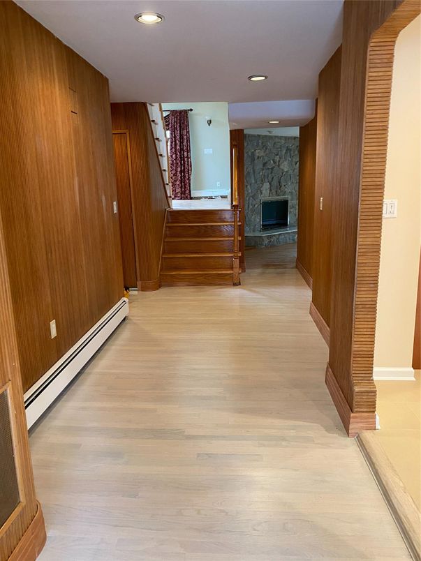 Fireplace, Interior, Recessed Lighting, Wood Texture Flooring, Wooden Walls
