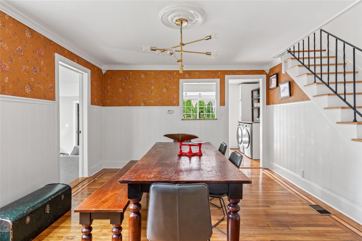 Dining room, Interior, Pendant Lights, Wood Texture Flooring