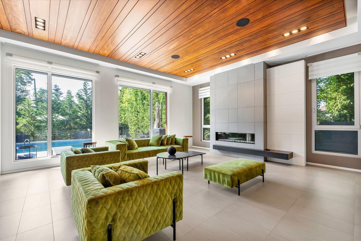 Fireplace, Interior, Living room, Recessed Lighting, Wooden Ceilings