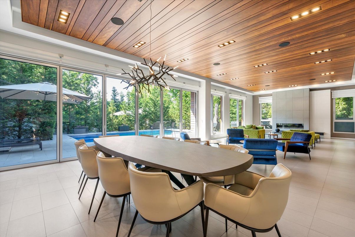 Dining room, Interior, Pendant Lights, Recessed Lighting, Wooden Ceilings