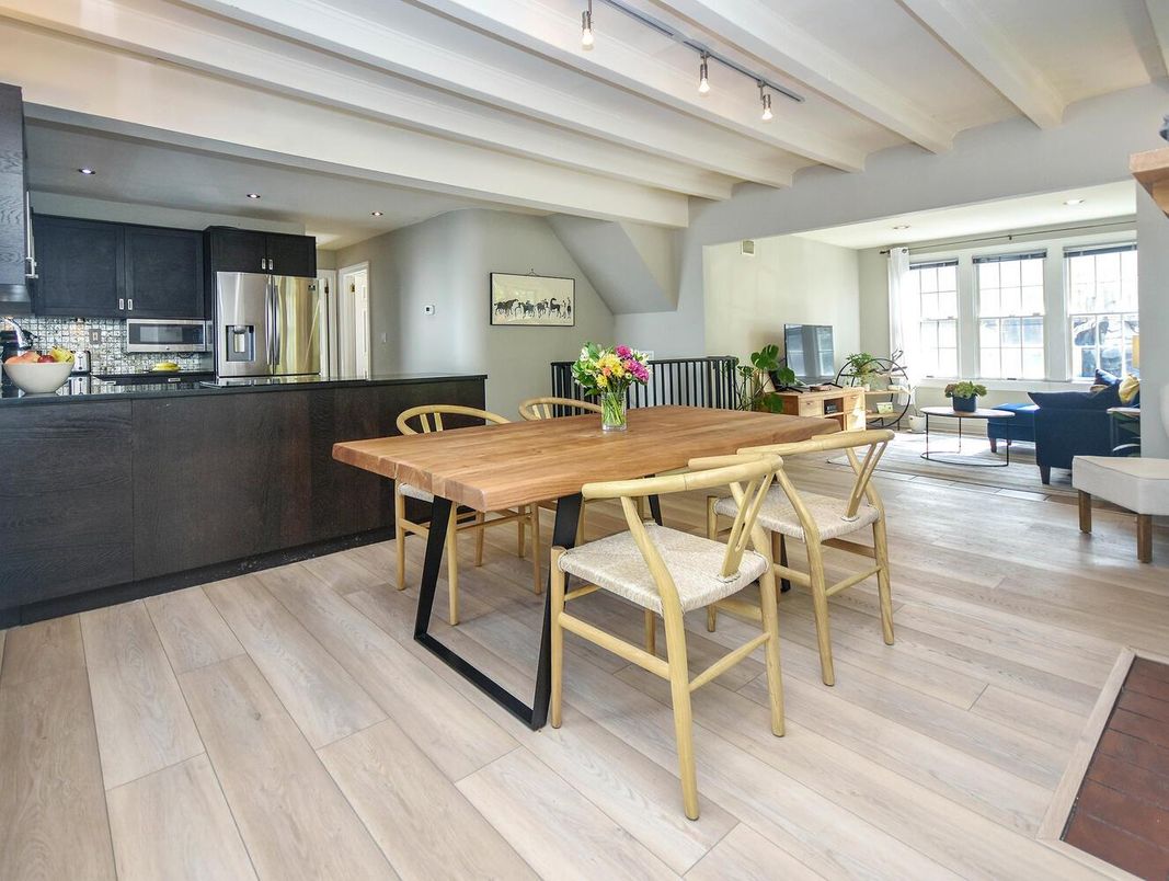 Dining room, Interior, Kitchen, Recessed Lighting, Stainless Steel Appliances, Wood Texture Flooring