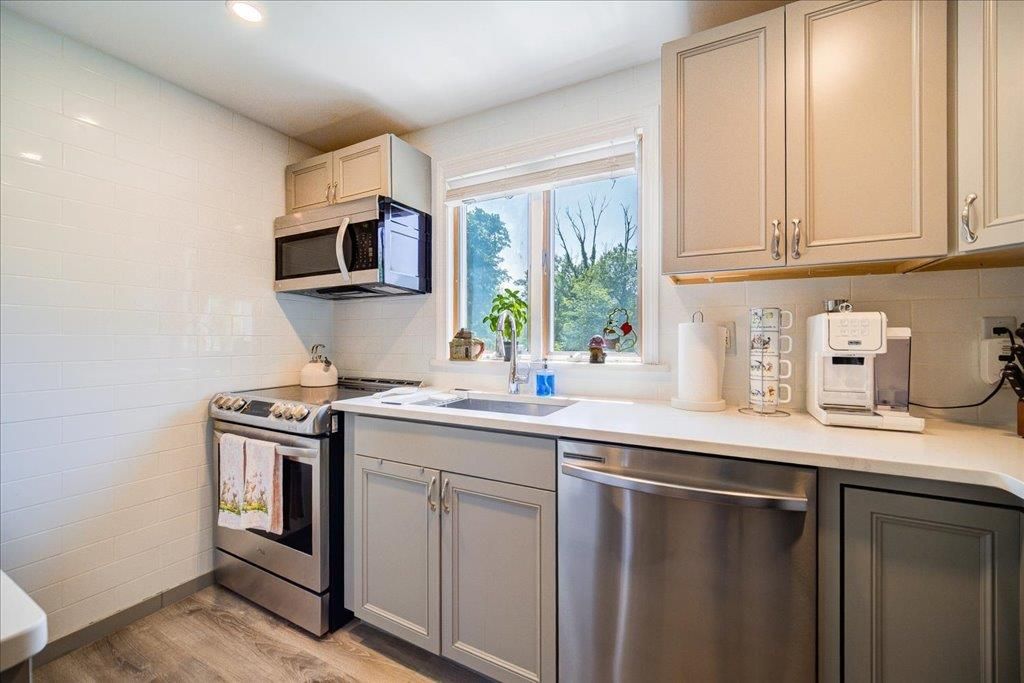 Interior, Kitchen, Recessed Lighting, Stainless Steel Appliances, Wood Texture Flooring