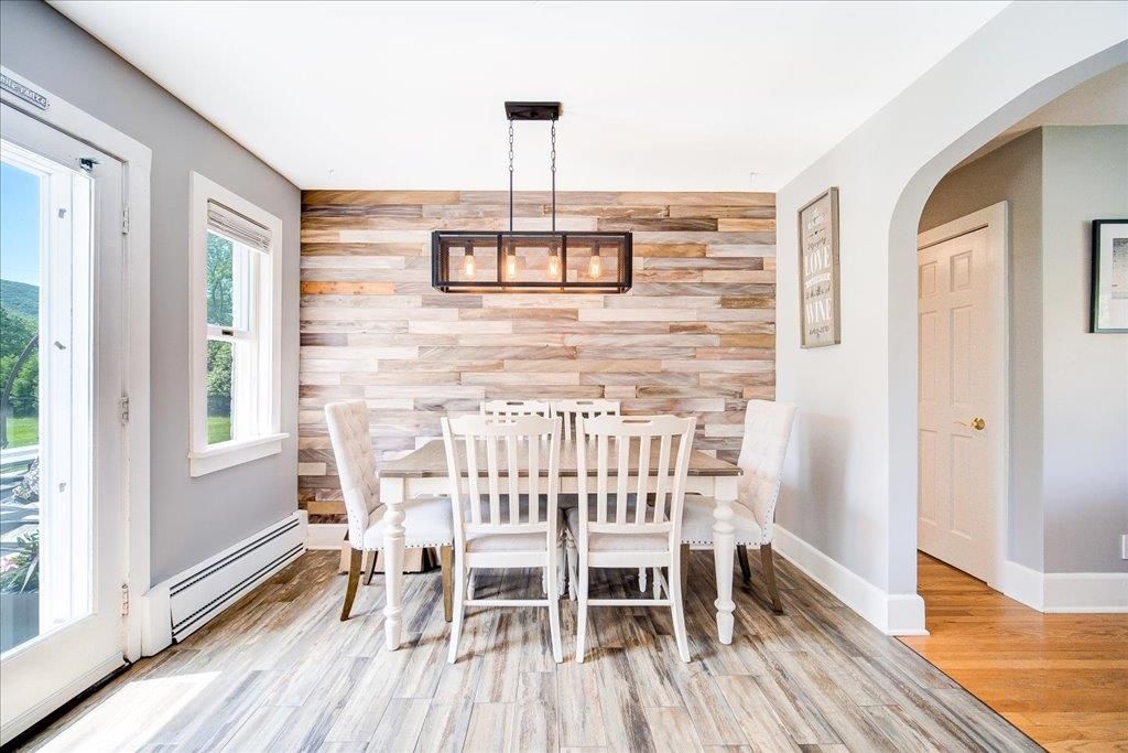 Dining room, Interior, Pendant Lights, Wood Texture Flooring, Wooden Walls