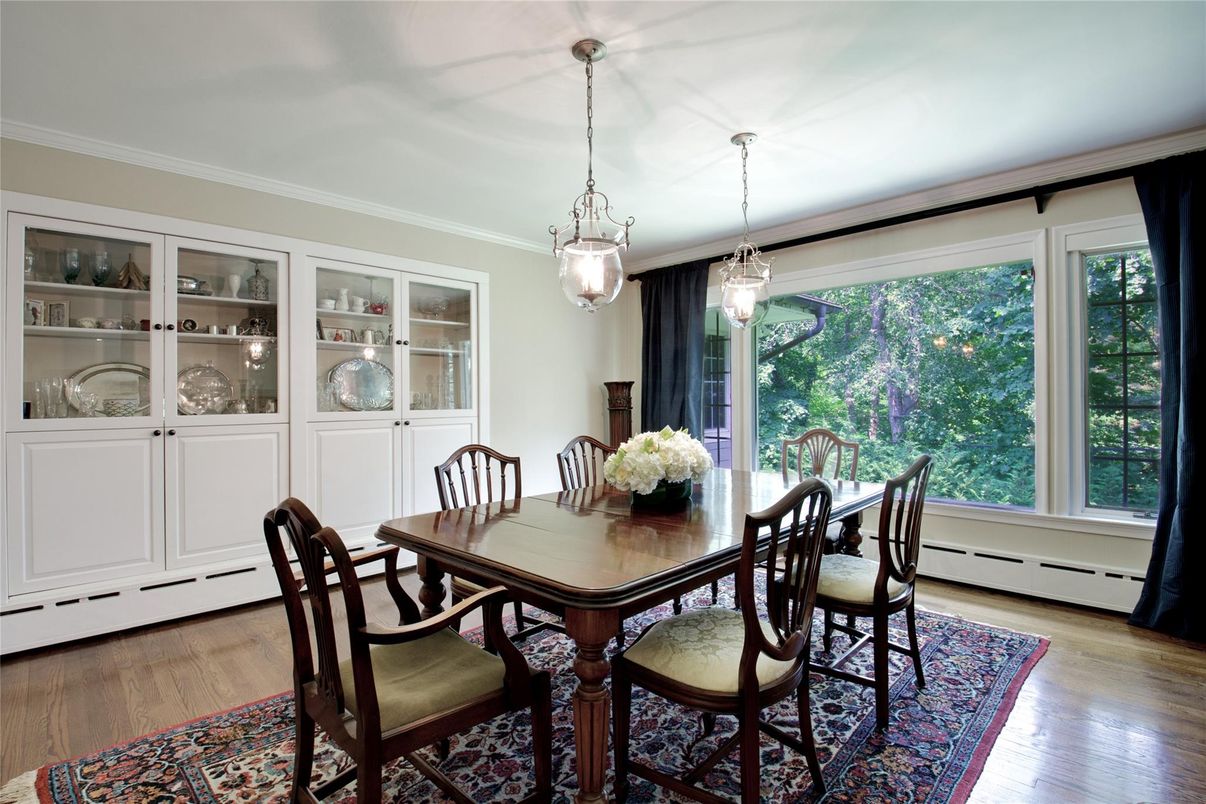 Dining room, Interior, Pendant Lights, Wood Texture Flooring