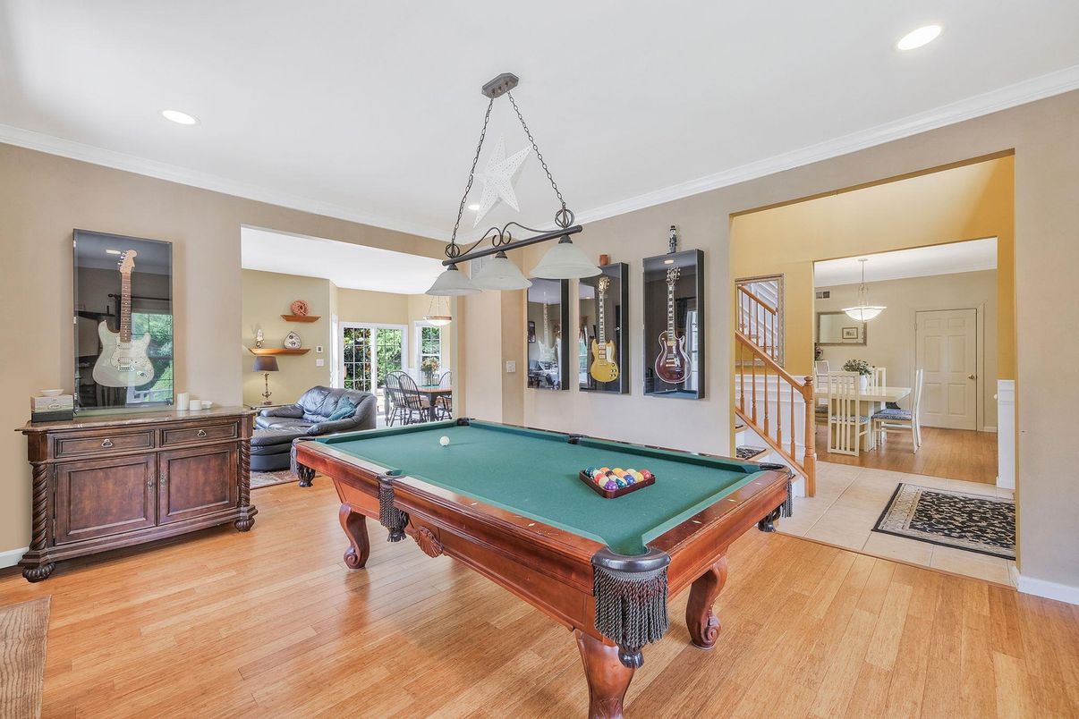 Billiard Table, Game Room, Interior, Pendant Lights, Recessed Lighting, Wood Texture Flooring