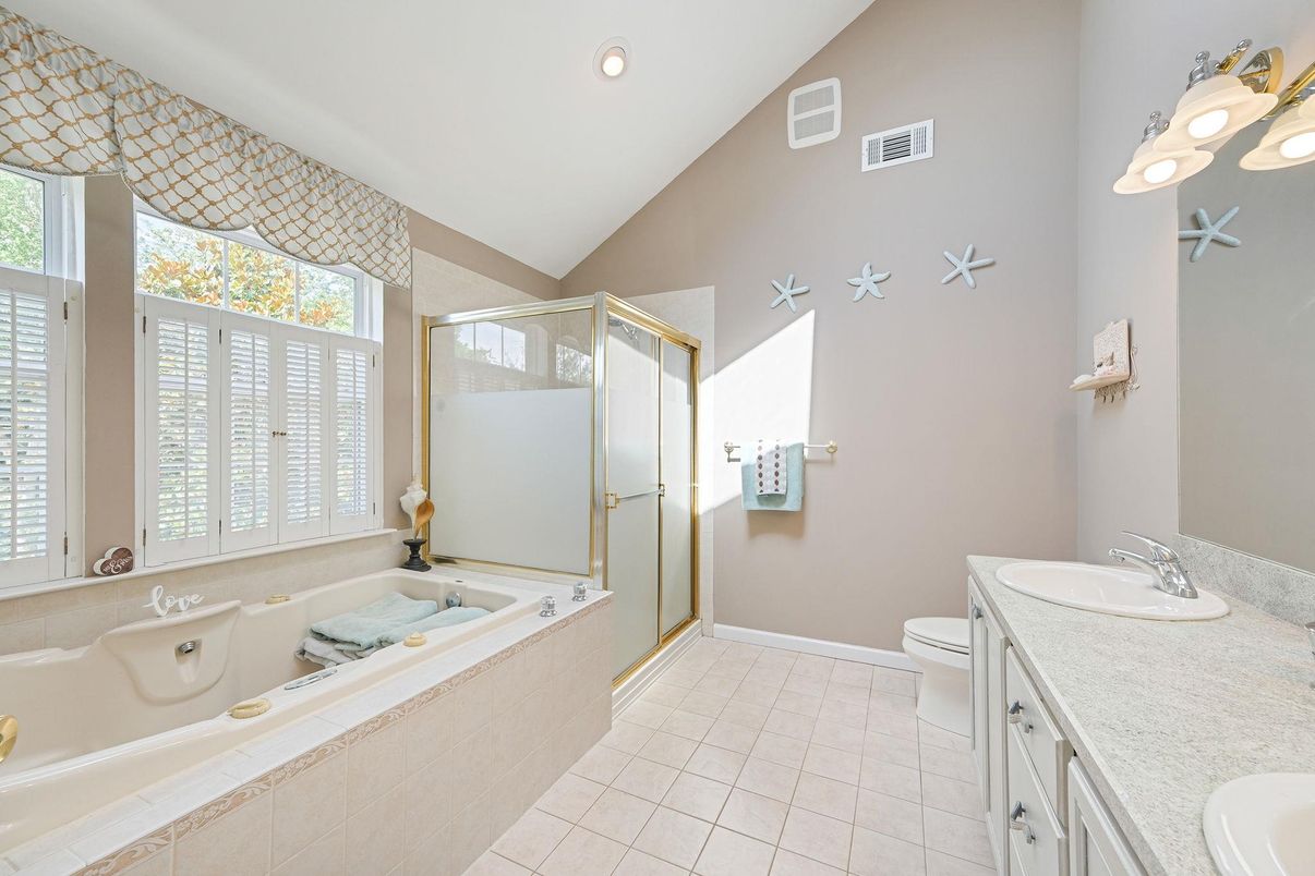 Bathroom, Dual Sink Vanities, Glass Shower, Interior, Recessed Lighting