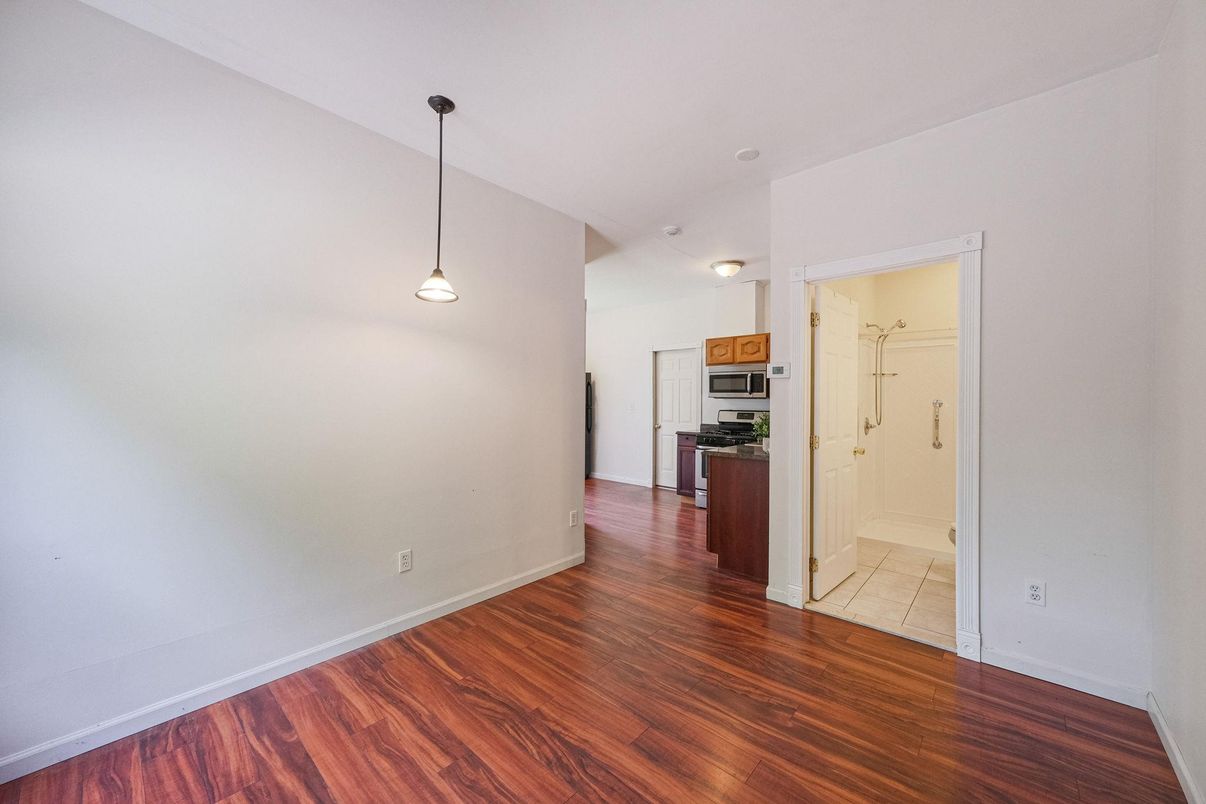 Empty room, Interior, Kitchen, Pendant Lights, Stainless Steel Appliances, Wood Texture Flooring